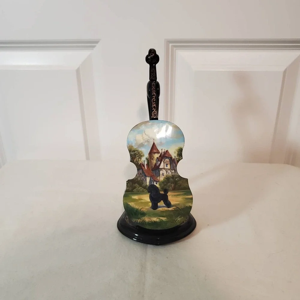 Lacquer Trinket box display Violin Case shaped with Black Poodle hand painted